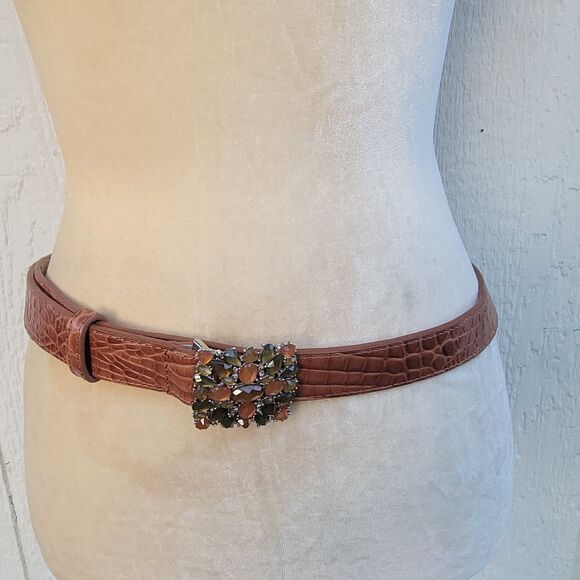 Talbots Croc embossed brown leather Rhinestone Buckle Belt wmns sz Med main image 4